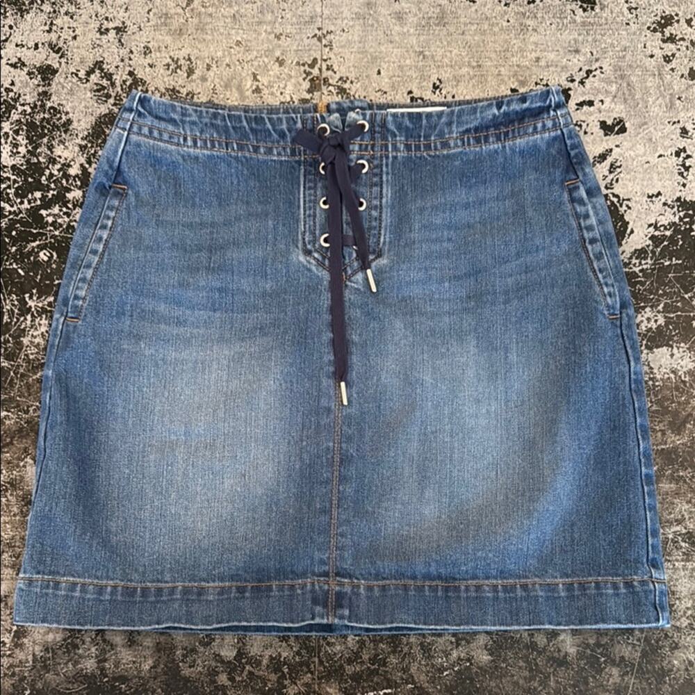 Loft Med Wash Lace Up Front Denim Jean Skirt Size 6